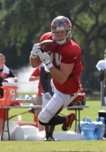 Tampa Bay Bucs TE Cameron Brate making a diving catch during training camp.